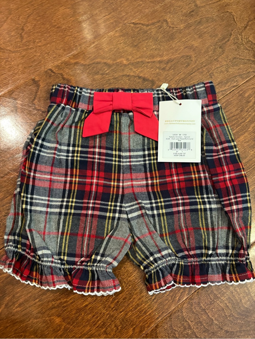 The Beaufort Bonnet Company Red and Gray Plaid Girls Shorts with Bow